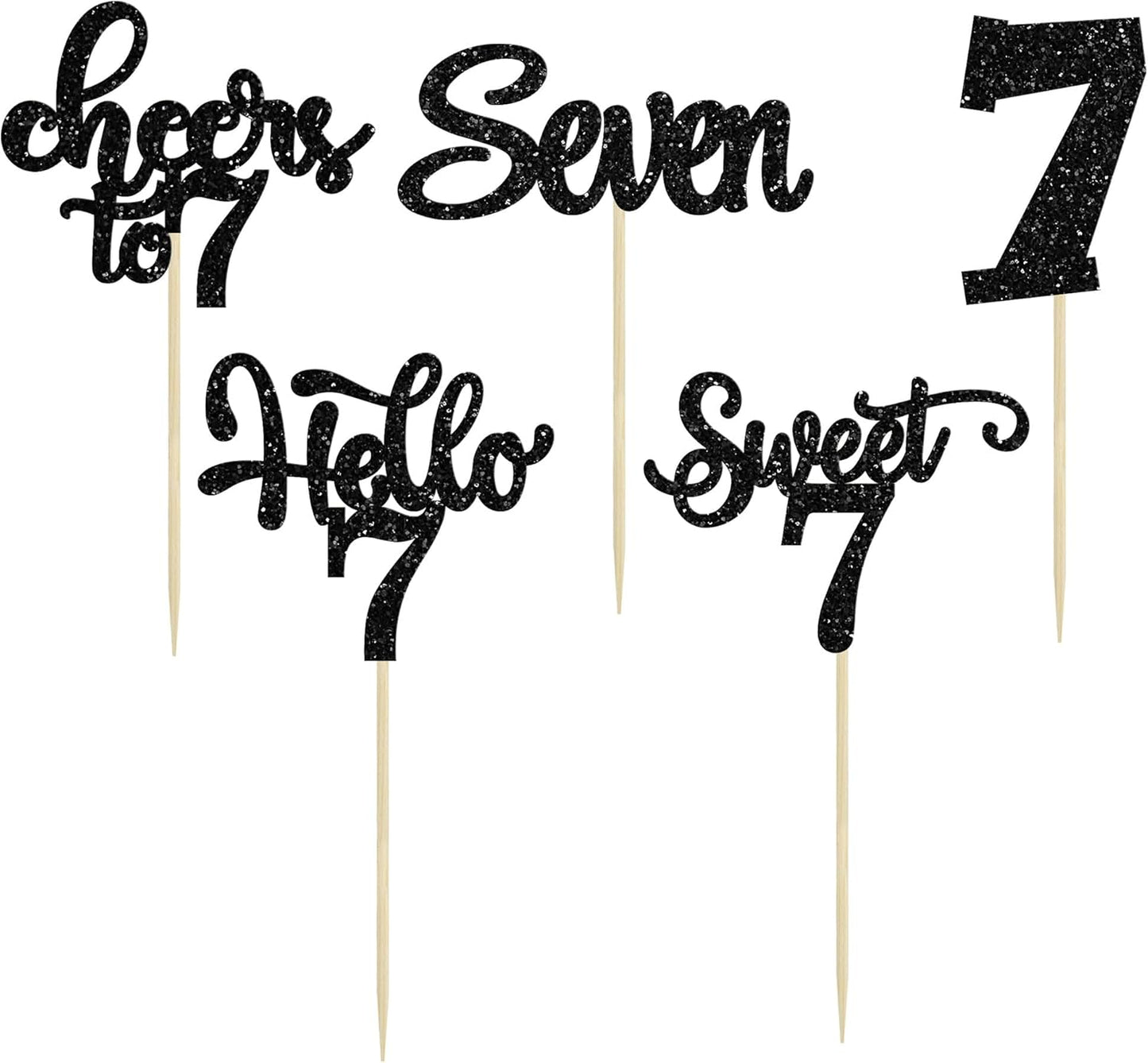 30Pcs 7th Birthday Cupcake Toppers Glitter Seven Happy 7 Cupcake Picks Cheers to 7 Years Old Cake Decorations for 7th Birthday Party Supplies Black