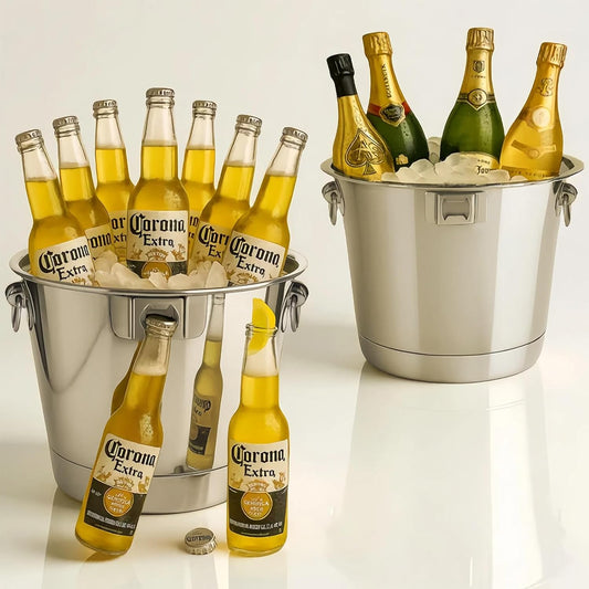 Silver 6L/6.34 Quart Ice Bucket 2Pack with Beer Opener for Party, Mimosa Bar Supplies. Stainless-Steel Beverage Tubs for Champagne Wine Cocktails, Metal Drink Cooler Holder Double Handles