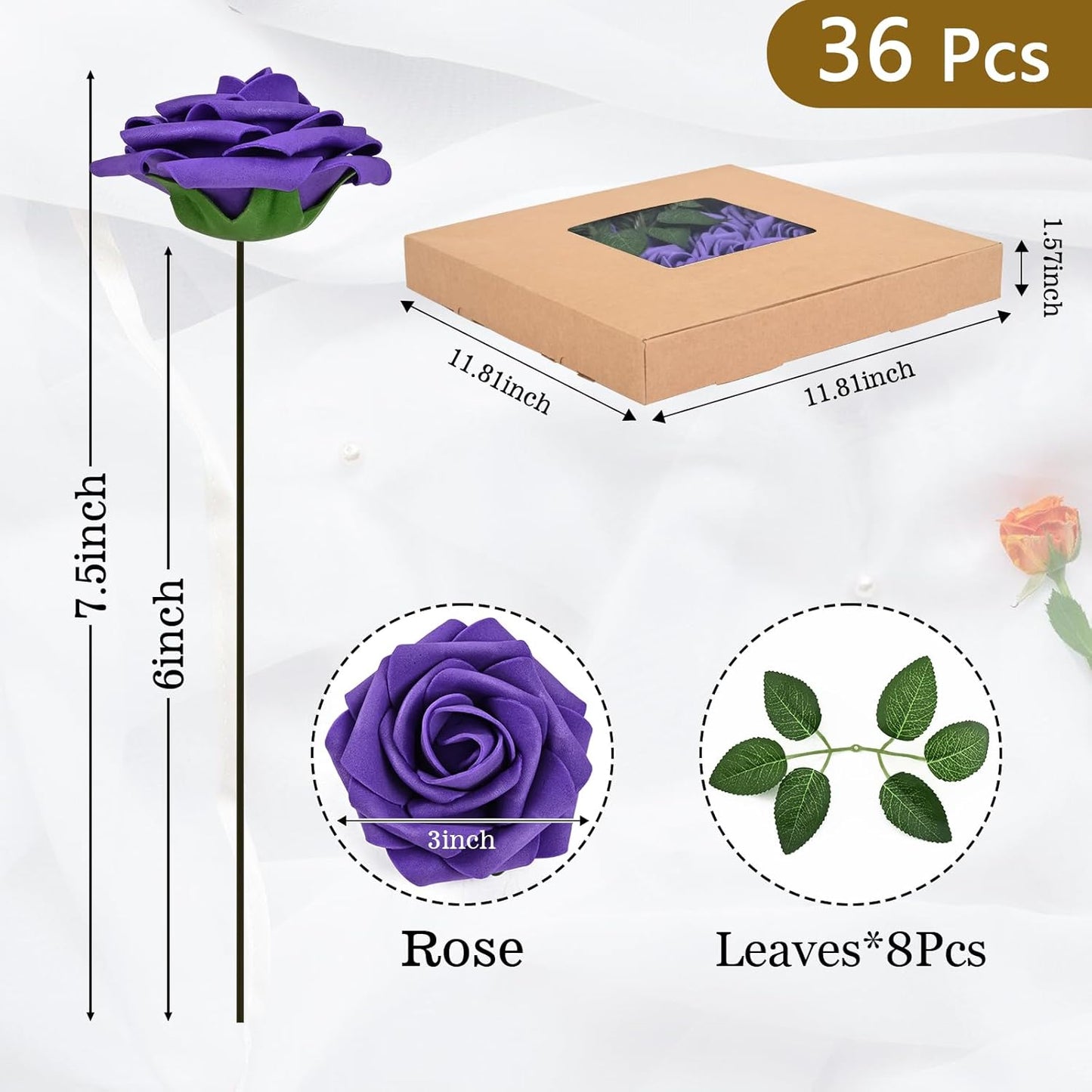 BLEUM CADE 36Pcs Artificial Flowers Fake Roses with Stems, Deep Purple Boxed Foam Roses for DIY Bouquets Centerpieces Wedding Party Arrangement Bridal Shower Decor