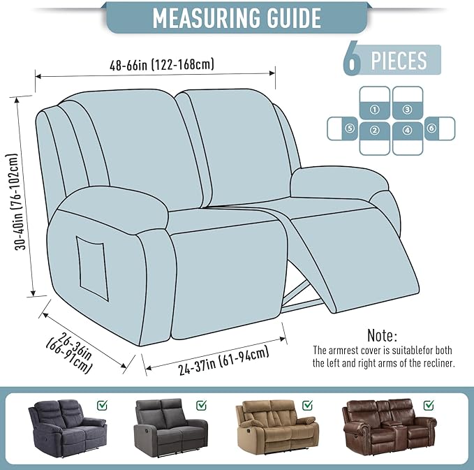 TAOCOCO Recliner Loveseat Slipcover, 6 Pieces Dual Recliner Sofa Covers - Image 5
