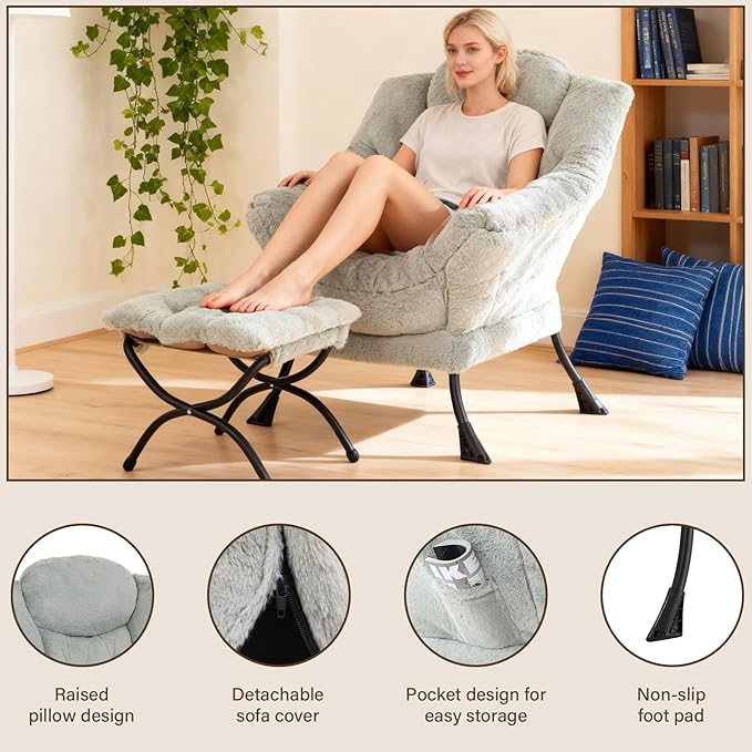 Welnow Lazy Chair with Ottoman, Modern Accent Chair with Armrests and a Side - Image 4