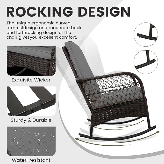 LEVELEVE 3 pcs Rocking Bistro Set Conversation Chairs PE Wicker Outdoor Rocking - Image 3