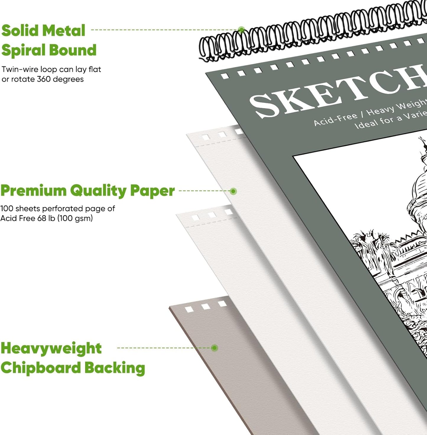 Soucolor 9" x 12" Sketch Book, Back to School Supplies, 1-Pack 100 Sheets Spiral Bound Art Sketchbook, Acid Free (68lb/100gsm) Artist Drawing Book Paper Painting Sketching Pad, College Essentials