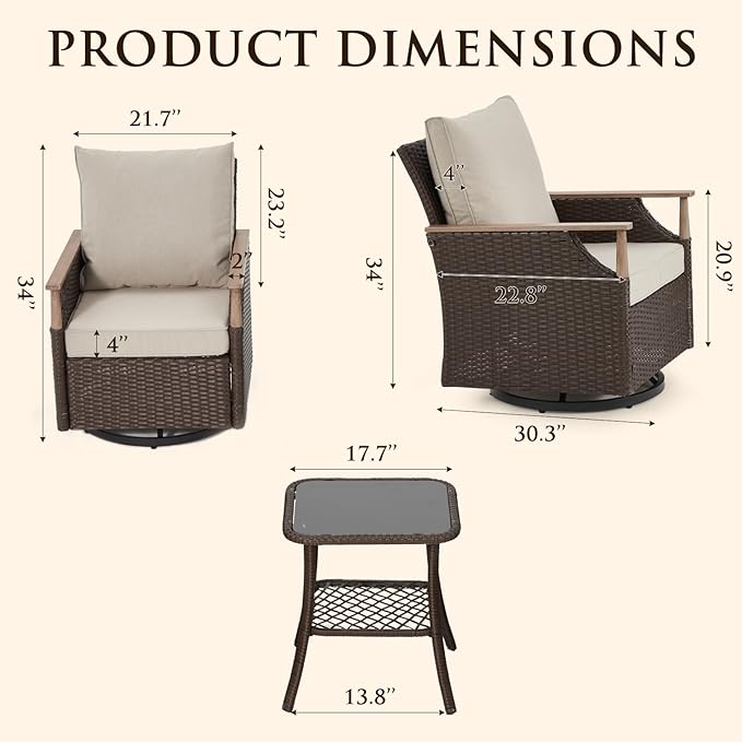MELLCOM 3 Pieces Patio Furniture Set, Wicker Swivel Glider Chairs - Image 2