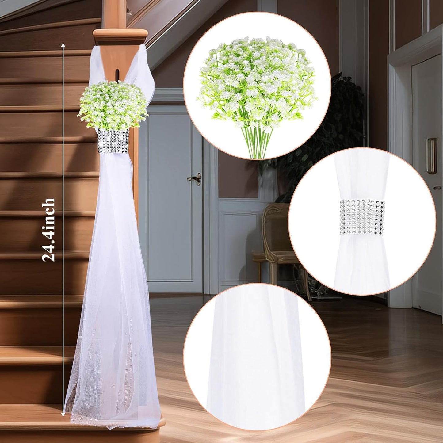 Olgaa Wedding Aisle Decorations for Ceremony Set of 24 Wedding Chair Pew Flowers Church Decorations with Artificial Baby’s Breath and Rhinestone for Weddings Party Bench Aisle (Baby’s Breath)