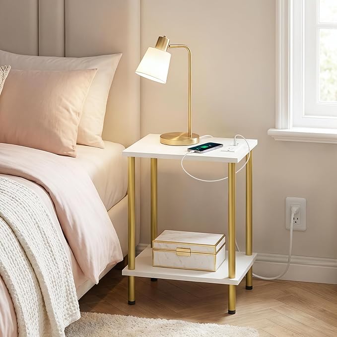 HOOBRO Side Table with Charging Station, Nightstand with 2-Layer Storage Shelves - Image 4