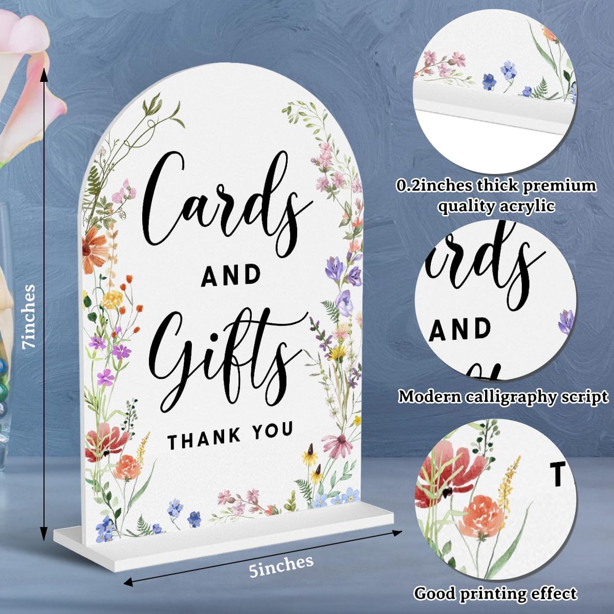 Acrylic Wedding Signs, Cards and Gifts Signs for Marriage Reception, Bridal Shower Decorations, Modern Arched Round Top Acrylic Table Top Sign with Holder for Wedding Party Dinner (White Wildflowers)