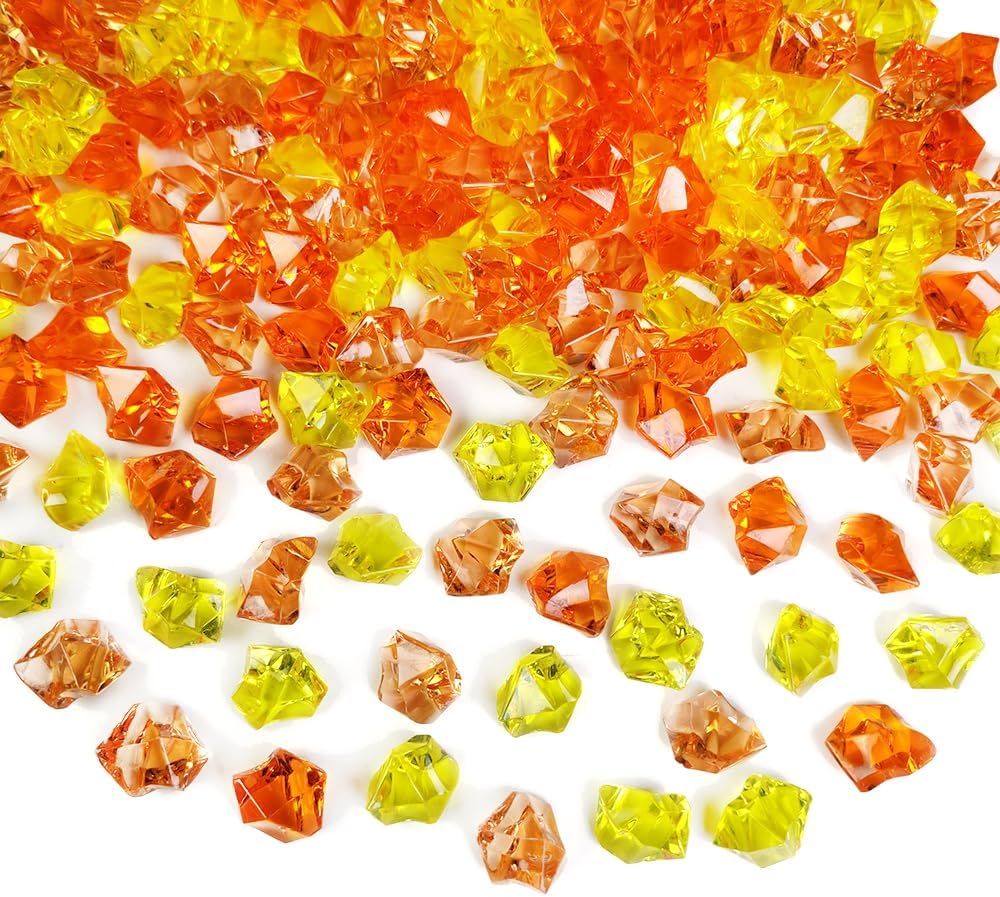 HappyFiller Fall Decor Fake Ice Rocks Cubes Acrylic Gems Stones for Vase Fillers,Kitchen Dinning Room Table Scatters,Crafts,Home Centerpieces,Candle Holder,Mix Yellow Amber Orange,14 OZ
