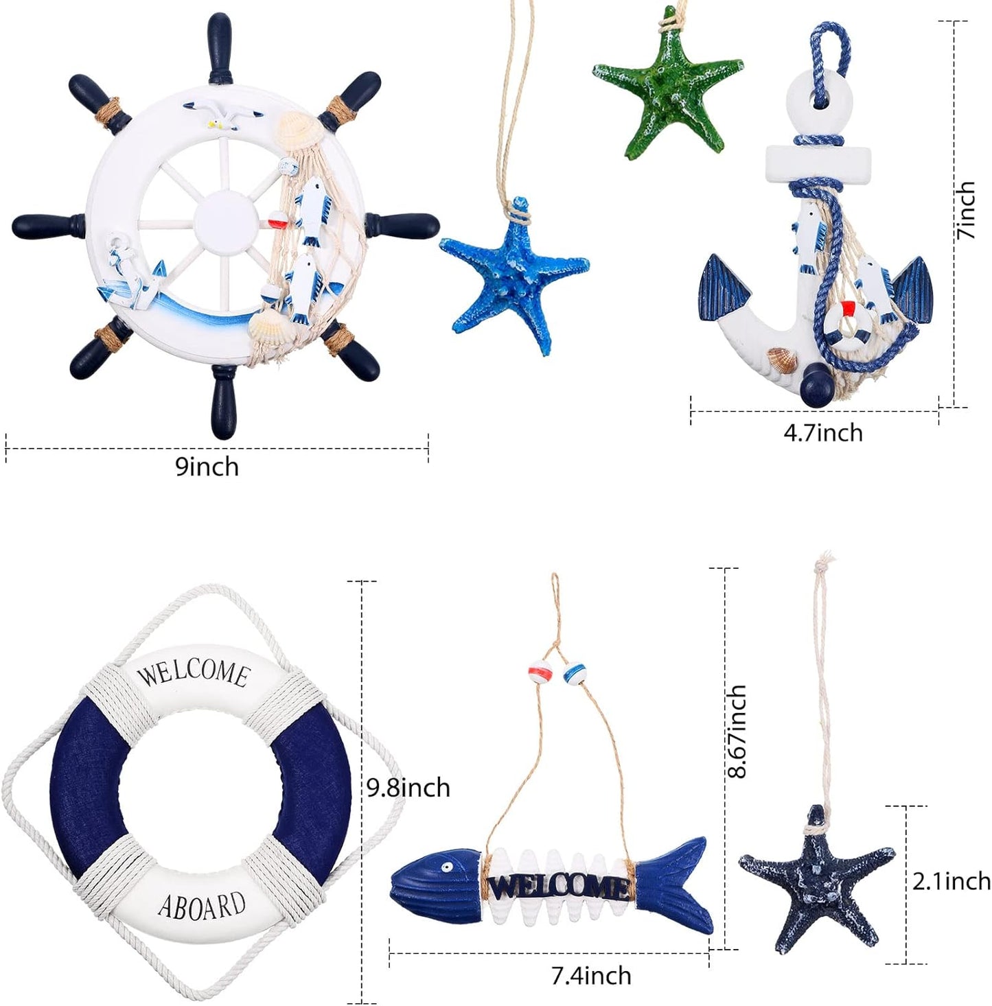 Marsui 11 Pcs Wooden Nautical Wall Decor Fishing Net Decorations, Include Decorative Fishing Net, Ship Wheel, Fish Skeleton, Life Ring, Anchor, Starfish Beach Decor for Mediterranean Party (Blue)