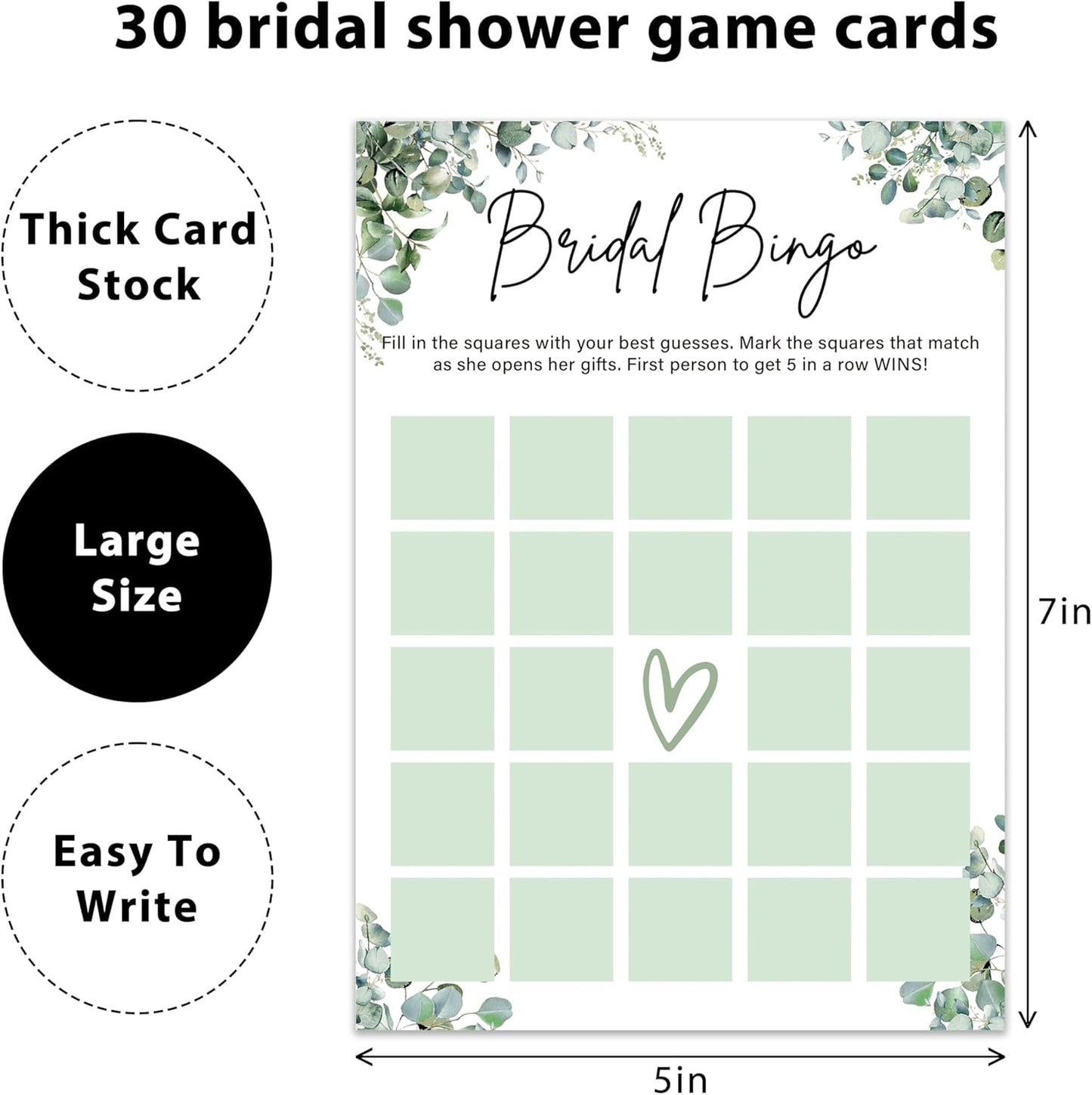 Eucalyptus Bridal Shower Game Cards - Bridal Bingo, Wedding Engagement Bachelorette Party Bridal Shower Games for 30 Guests, Double Sided Cards Set of 30, Activity Supplies & Favor/A15