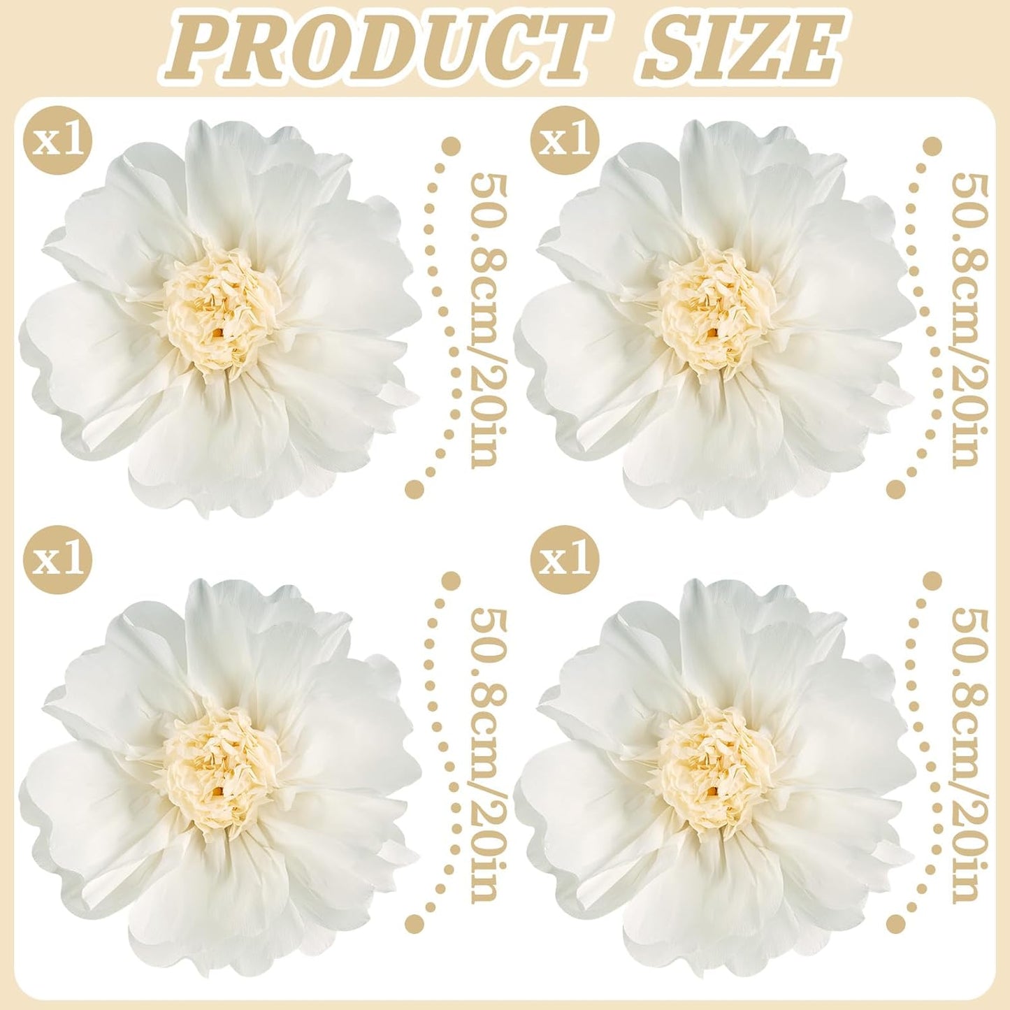 SUNBEAUTY 4 Pcs 20" White Giant Paper Flowers Large Crepe Tissue Artificial Paper Flowers Decorations for Wedding Party Wall Table Birthday Baby Shower Bridal Nursery Room Tea Party Backdrop Decor