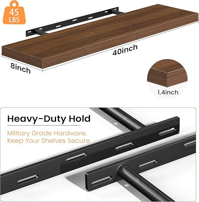 Fun Memories Floating Shelves for Wall, 40 Inch Long Set of 2 Rustic Wood Wall - Image 4