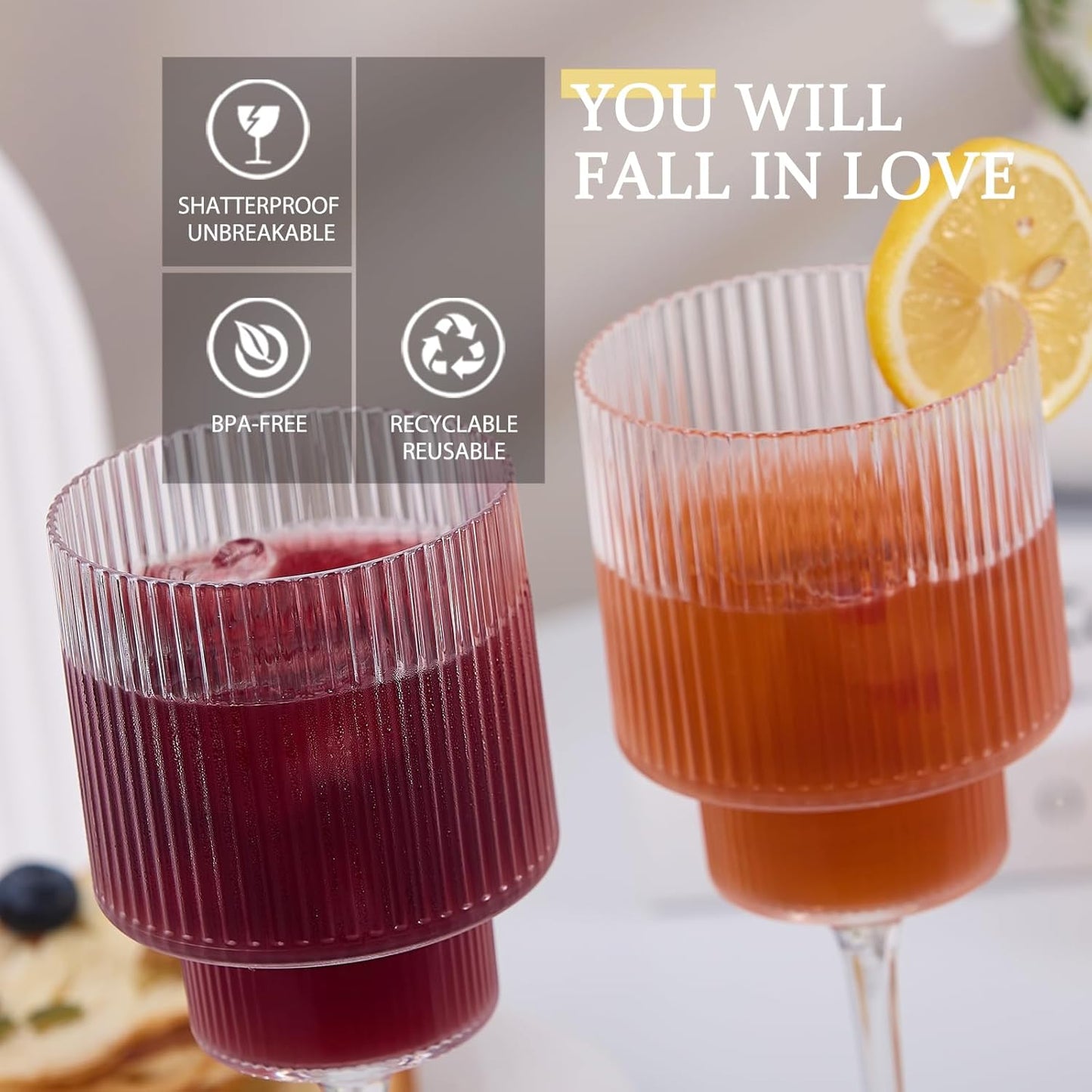 Plastic Goblets Wine Glasses - 12Oz Acrylic Wine Glasses Origami Unbreakable Clear Plastic Cocktail Glasses Recyclable Shatterproof Reusable Wine Cups for Parties & Weddings (Transparent 1)