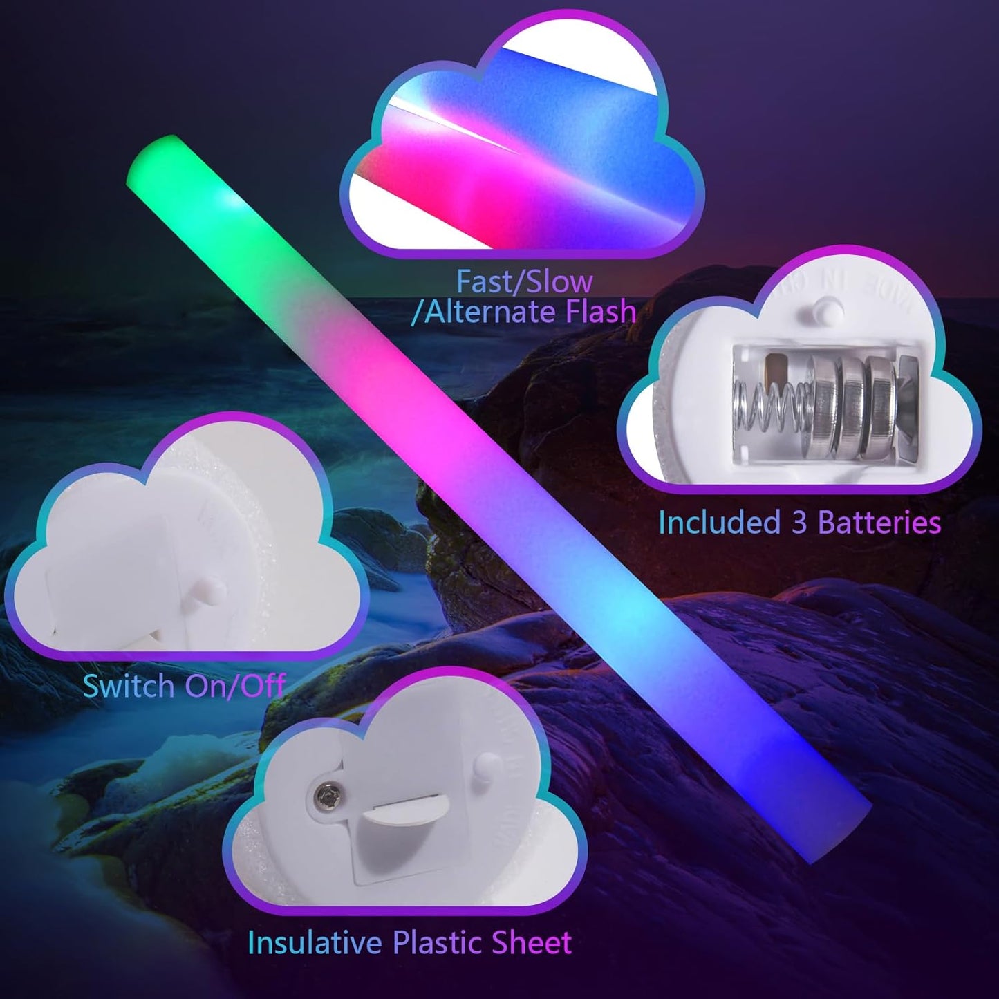 55 PCS Foam Glow Sticks, Foam Light Up Sticks Party Supplies with 3 Mode Colorful Flashing, Glow Sticks Bulk Party Pack, Led Foam Sticks for Birthday, Wedding, Halloween, Carnival, Concert