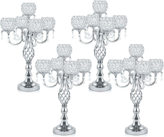 5-Arm Crystal Candelabra Centerpiece 23.2" Tall - Elegant Candle Holder Stand with Crystal Bowl, Chic Table Decor for Weddings, Parties, Anniversary & Home Decoration (4, Silver)
