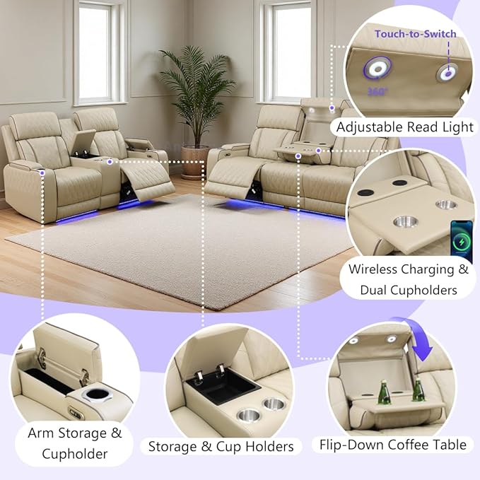 Power Recliner Sofa Couch with LED, Breathing Leather Reclining Couch, Living - Image 5