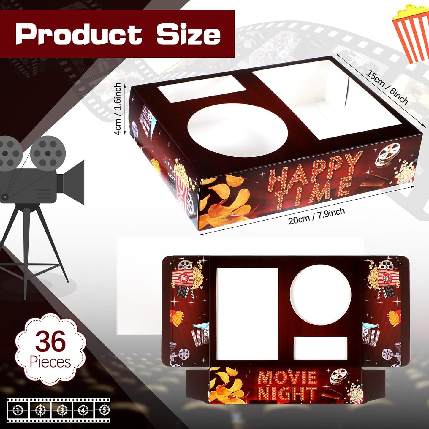 Faccito 36 Pcs Movie Night Snack Trays Movie Theater Snack Boxes Night Supply Disposable Paper Holder Tray for Popcorn Food Candy Drink Party 8 x 6 Inch(Dark Red,Retro Style)