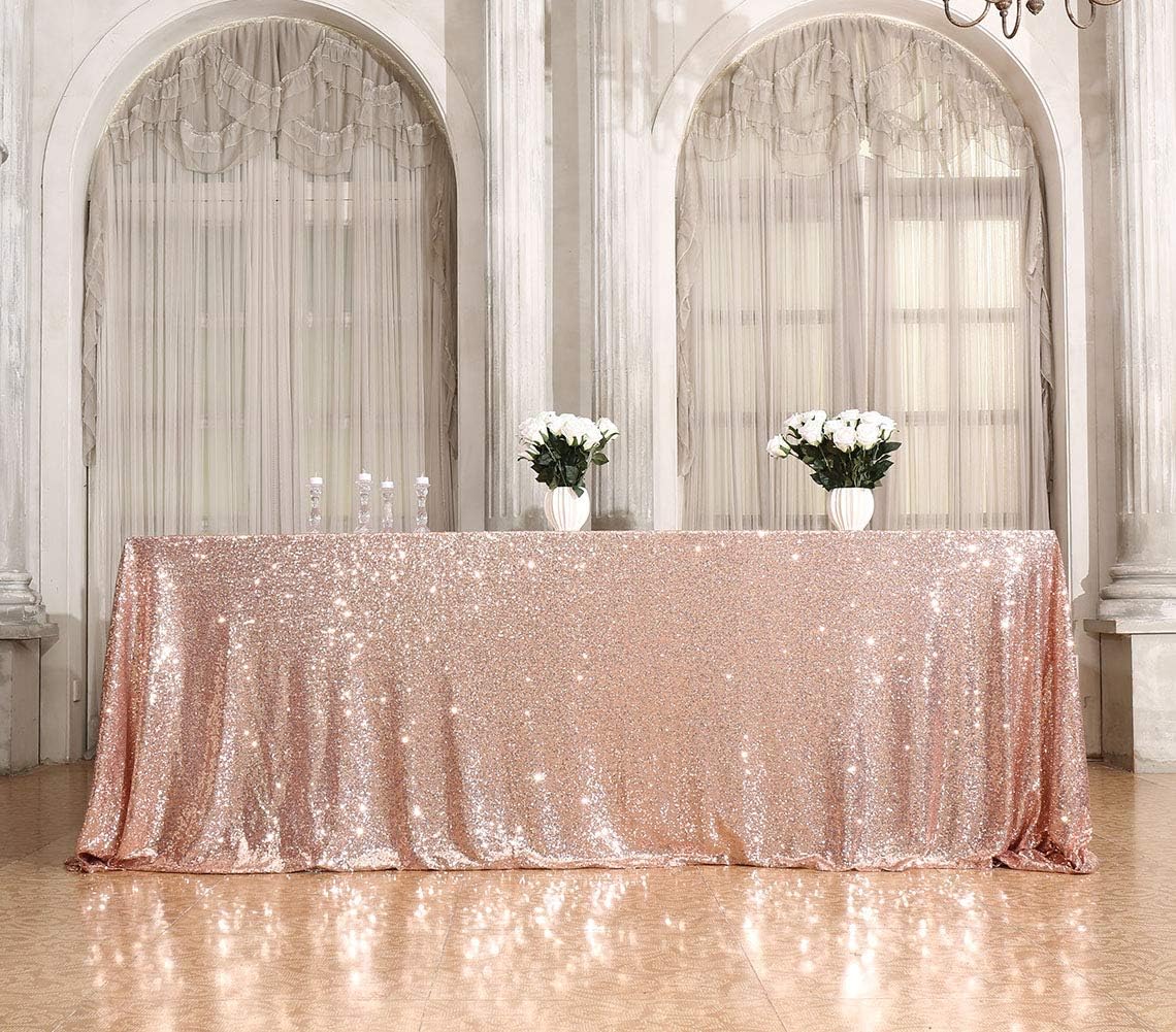 SquarePie Sequin Tablecloth 90 x 156 Inch Rose Gold Sparkly Table Linen for Wedding Party