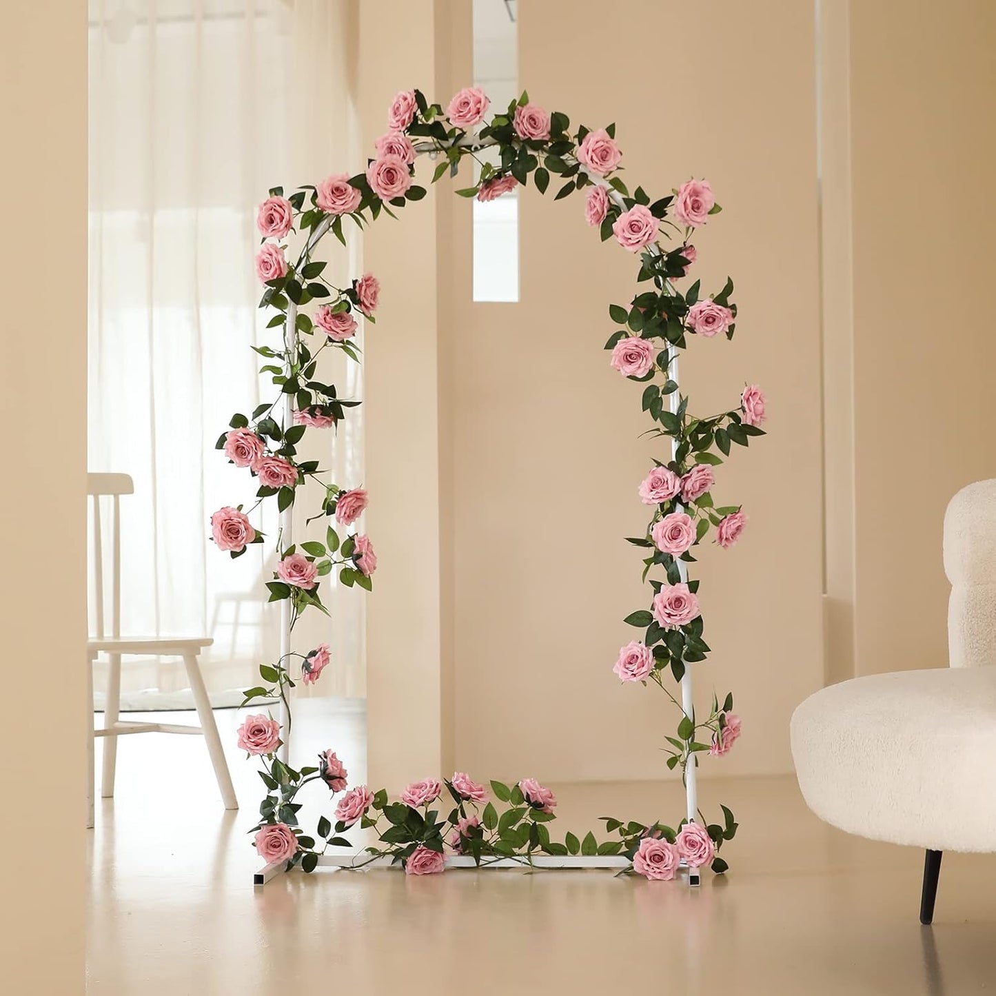 2 Strands 73'' Artificial Silk Rose Flower Vines Garland, Fake Pink Roses Floral Green Leaves Hanging Plant for Wedding Arrangement Decoration, Wall, Party, Bedroom, Home Decor (Pink)