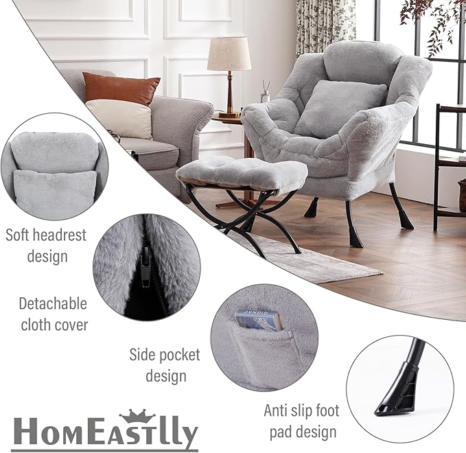 Lazy Chair with Ottoman, Large White Gray Lounge Accent Chair with Ottoman and - Image 6