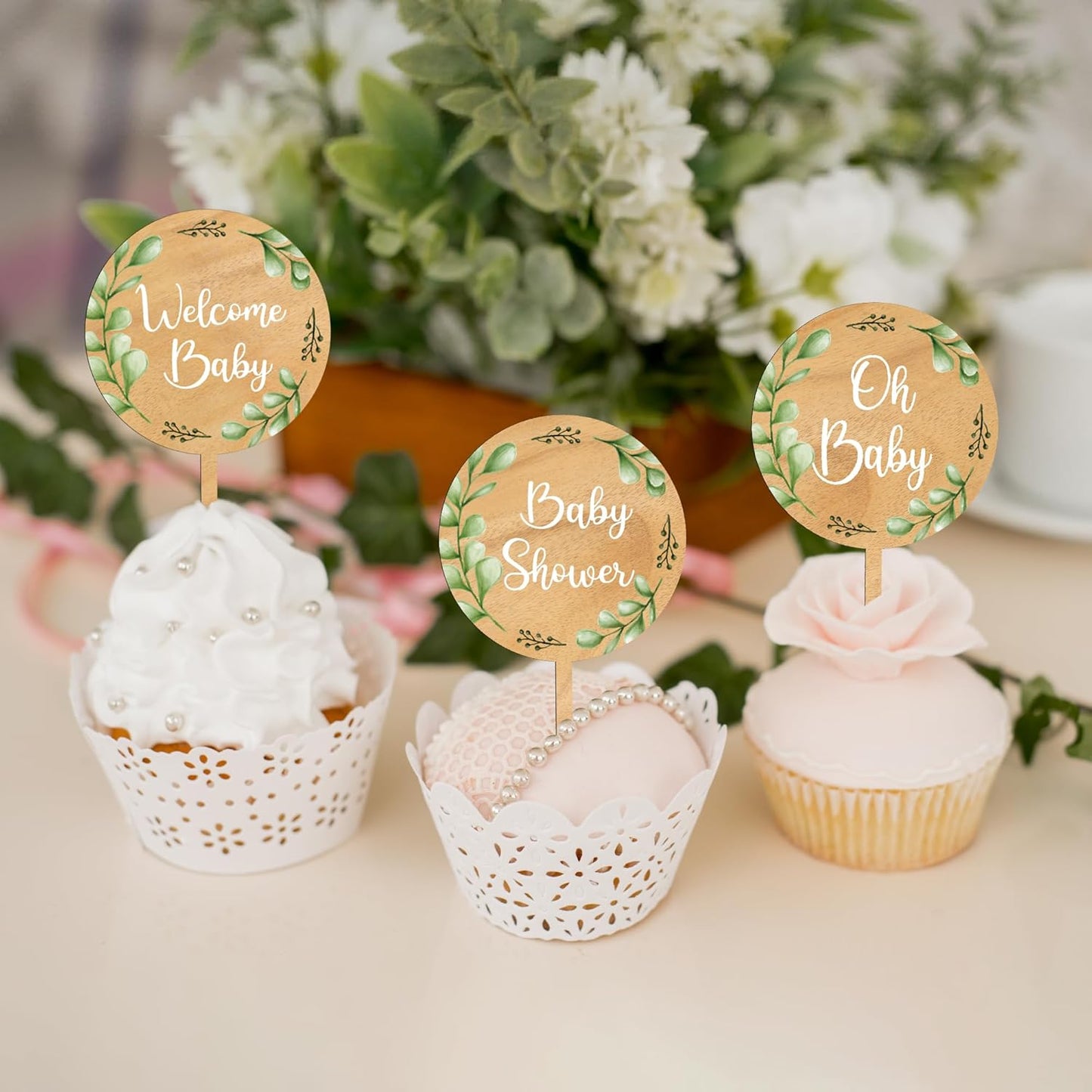 Custom Cupcake Toppers Cake Decorations in Wood for Wedding Engagement Baby Shower Birthday Party etc. (Design B / 36 PCS)