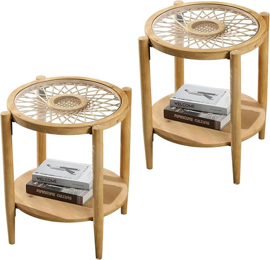 RUSTOWN Rattan Nightstands Set of 2, Boho Wood Round Side Tables, 2-Tier by RUSTOWN