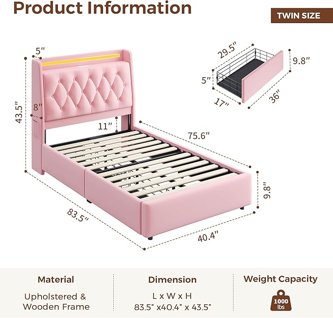 Twin LED Velvet Bed Frame with 2 Storage Drawers&Hidden Headboard, Upholstered - Image 2