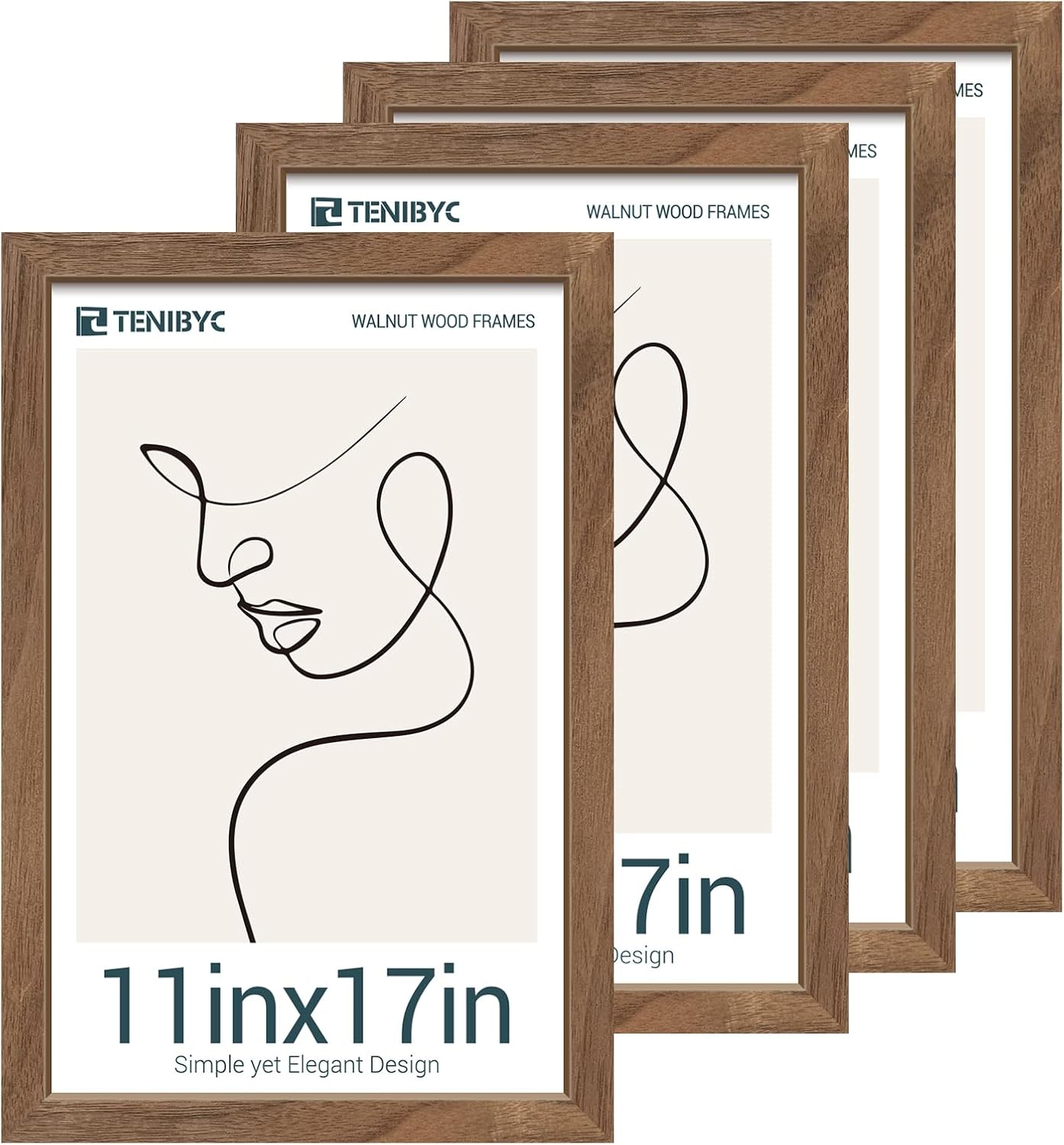 11x17 Picture Frame Set of 4, Walnut Wood Grain, HD Tempered Glass, Brown Wooden Poster Frame, Wall Hanging