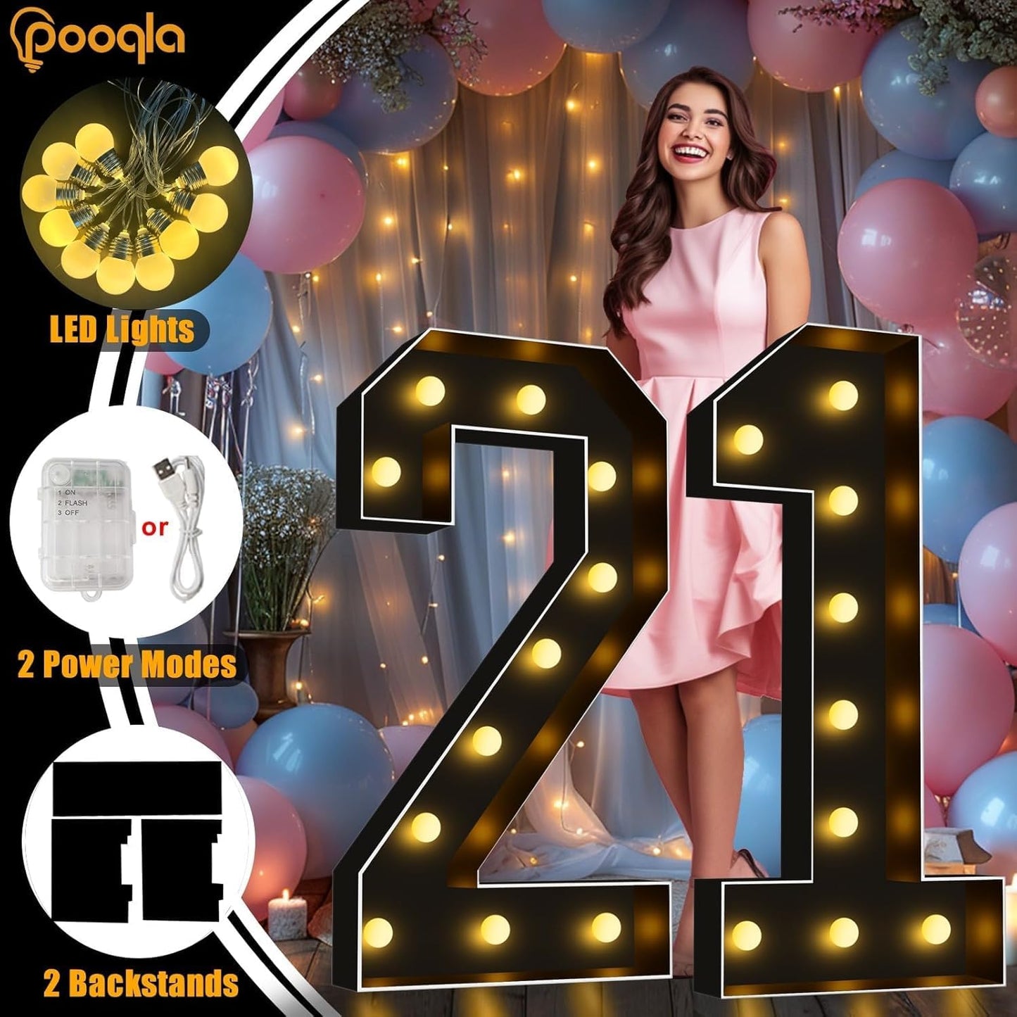 Pooqla 4 FT Light Up Marquee Numbers, Black Letter Big Mosaic Numbers 4 Feet Tall for 10th 50th Birthday, Giant Marquee Number Lights for Balloons Party Anniversary Wedding Decorations, Number 0