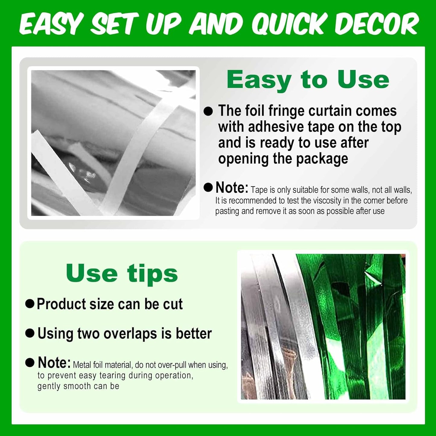 3 Pack Silver Green Foil Fringe Curtains Backdrop, 3.28 x 9.8 Ft Metallic Streamers Tinsel Curtains Background for Photo Booth, Birthday, Halloween, Christmas, Thanksgiving, New Year Party Decorations