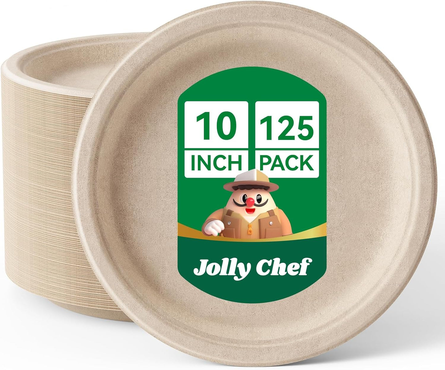 JOLLY CHEF Compostable Heavy Duty Plates 𝟭𝟬 𝗜𝗻𝗰𝗵 [𝟭𝟮𝟱 𝗣𝗮𝗰𝗸] Eco-Friendly Disposable Paper Plates Made of Bagasse Biodegradable Bulk for Party Dinner Sugarcane Fibers Round (Natural)