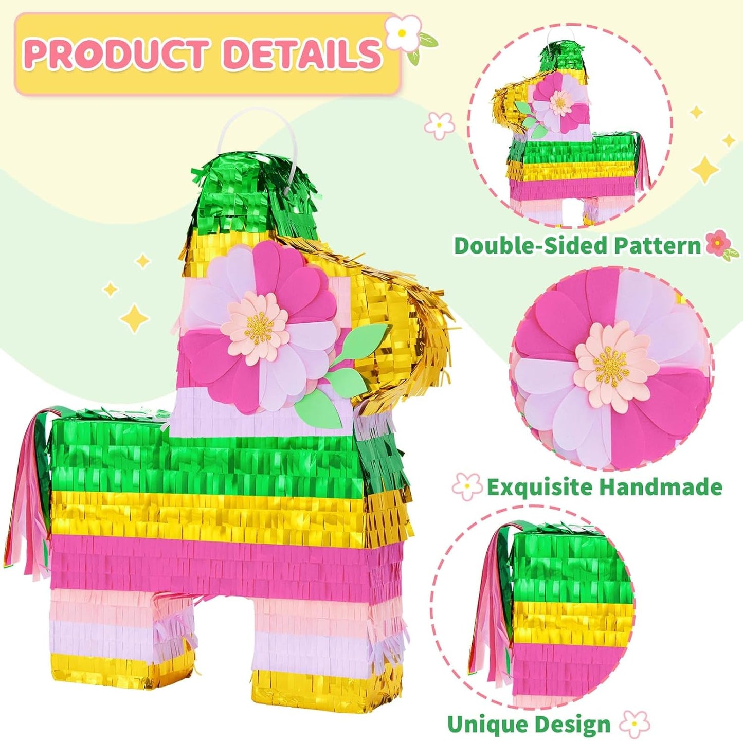 WERNNSAI Hawaiian Donkey Piñata - Rainbow Donkey Pinata for Summer Party Supply Cinco De Mayo Luau Carnivals Favor Mexican Fiesta Party Decorations with Blindfold&Bat