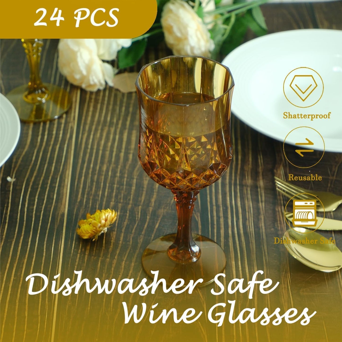 Plastic Wine Glasses，100PCS Amber Plastic Goblets Vintage Style Cordial Drinking Glasses for Wedding Reception, Grand Event Party Supplies (100, Amber)