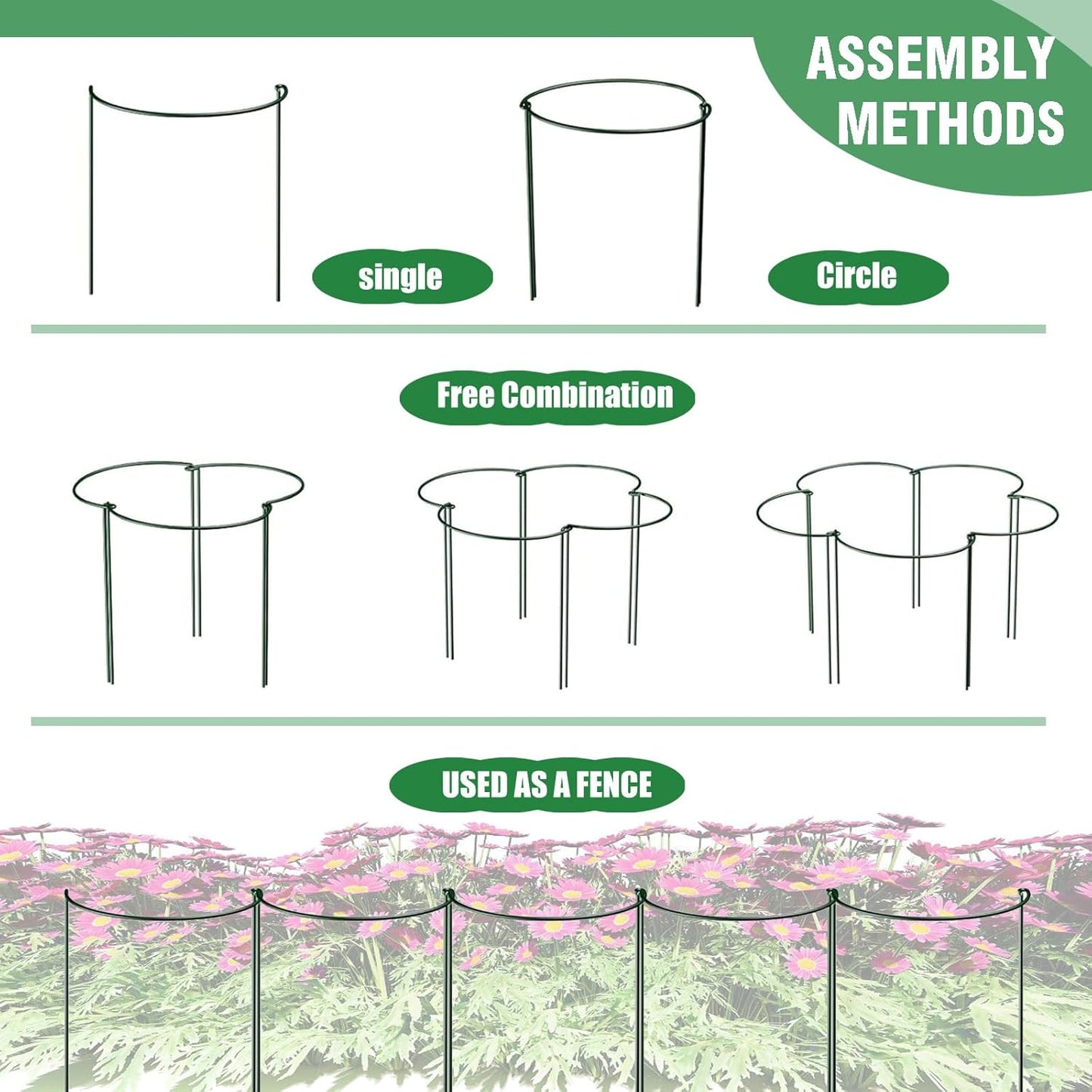 LINGHUI 12 Pack Plant Support Stakes, 10" Wide x 16" High,Heavy-Duty Half Round Peony Support Ring and Cage for Indoor and Outdoor Plants, Peony, Tomato, Hydrangea, Rose(100 Plant Ties)