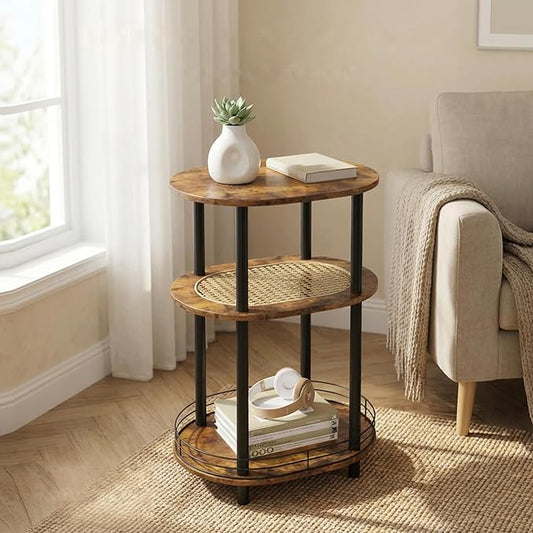 Small Rattan Side Table with Storage, 3 Tier Round/Oval End Table with Rattan by BITYODD-HOME