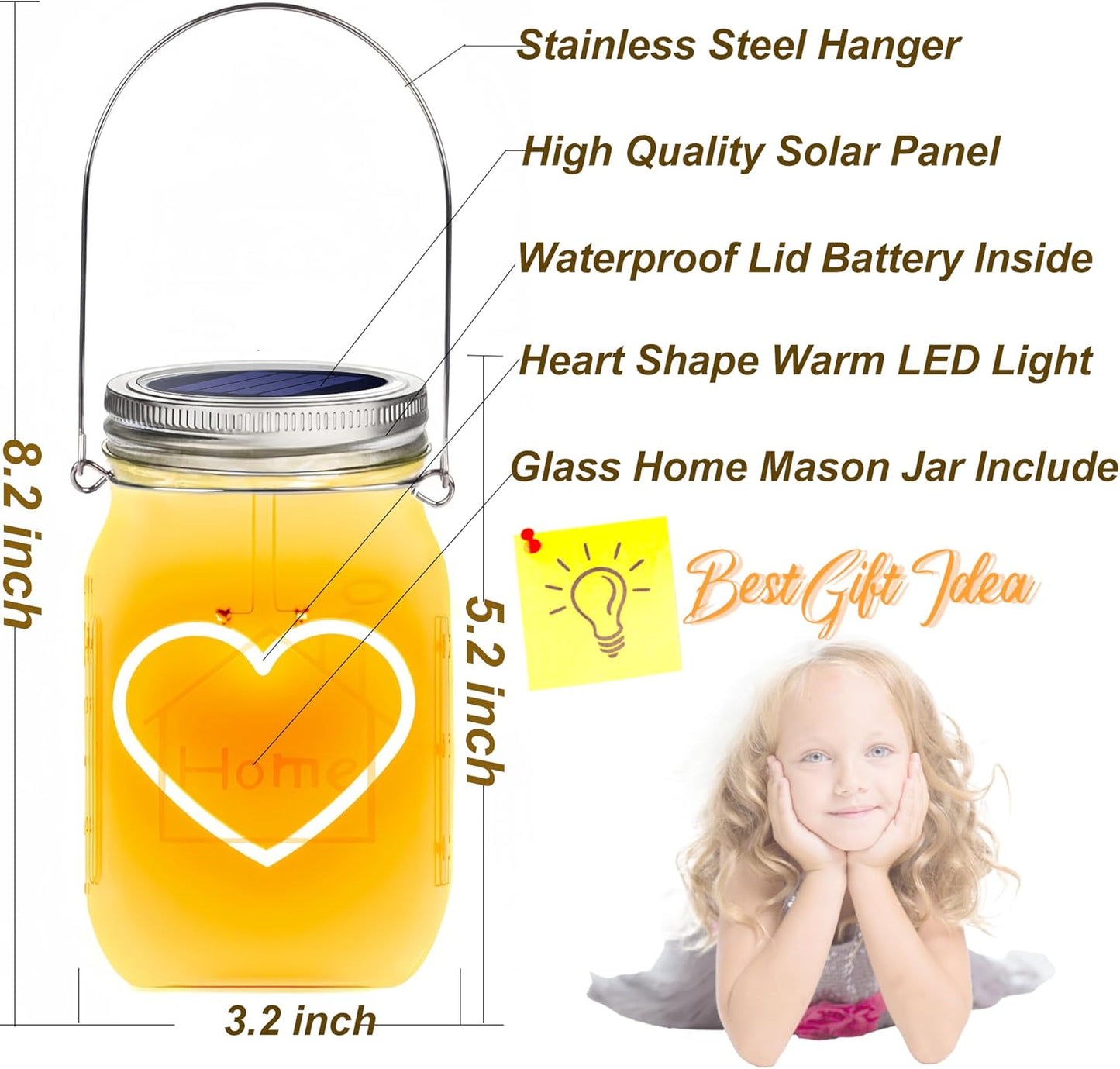 Hanging Solar Mason Jar Lights, 4 Pack Heart Shape Led Lights, Solar Lanterns Outdoor Waterproof Lights, Hangers and Jars Included, Gift for Mothers Day,Home Party Wedding Lover Garden Patio Decor (4)