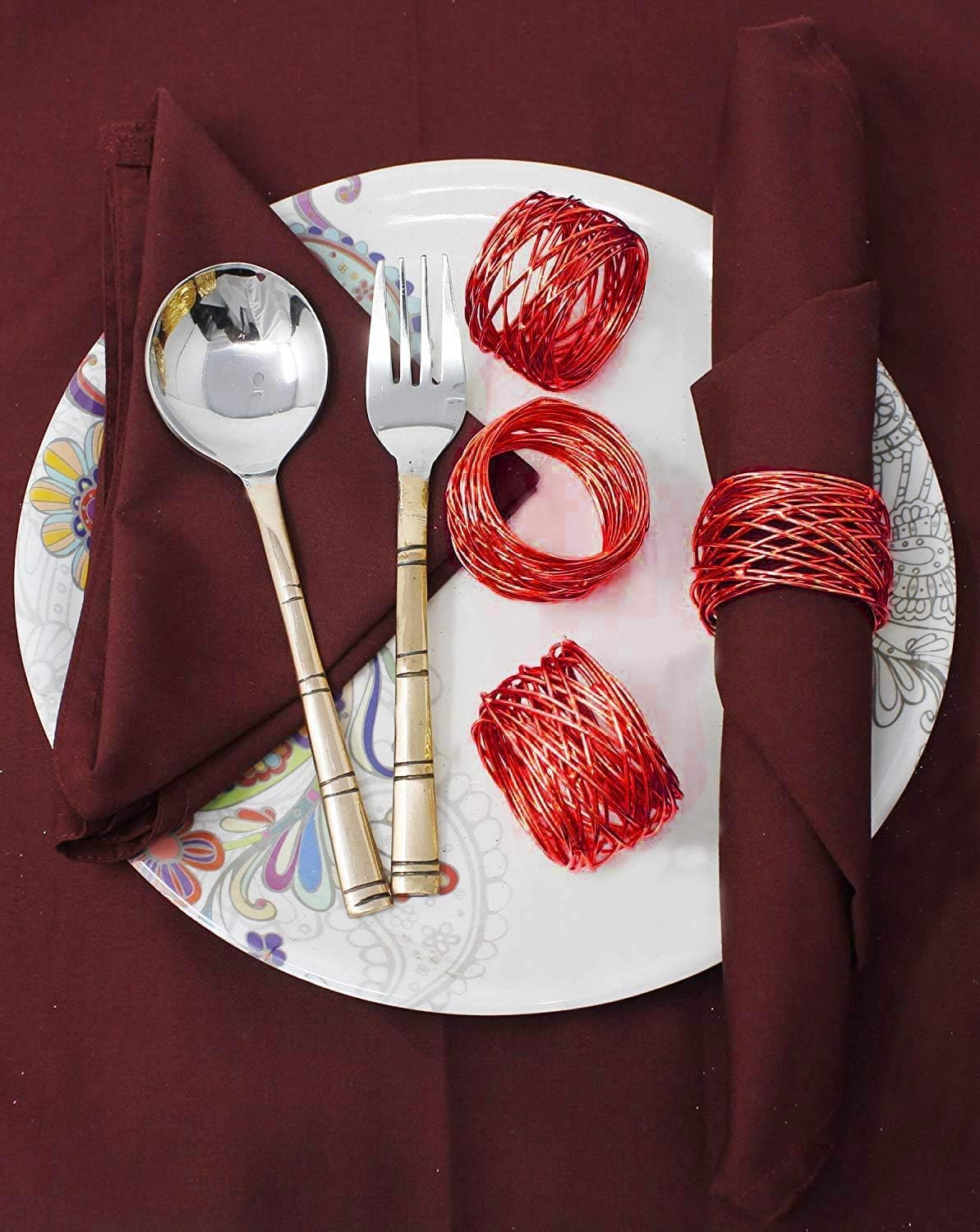 Handmade Round Red Mesh Napkin Rings Set of 12 Holder for Dinning Table Parties Everyday, Dia: 2 Inch
