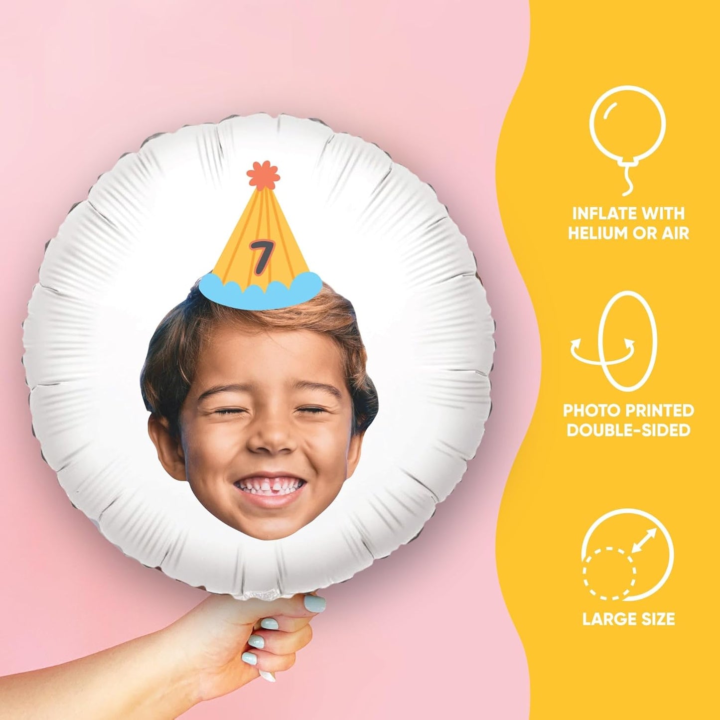 Big Dot of Happiness Personalized Party Time Happy Birthday Colorful Cone Hat Fun Face Photo Balloon, Adult & Kids Bday Party Decorations, Custom Double-Sided Circle Mylar, 1 Piece