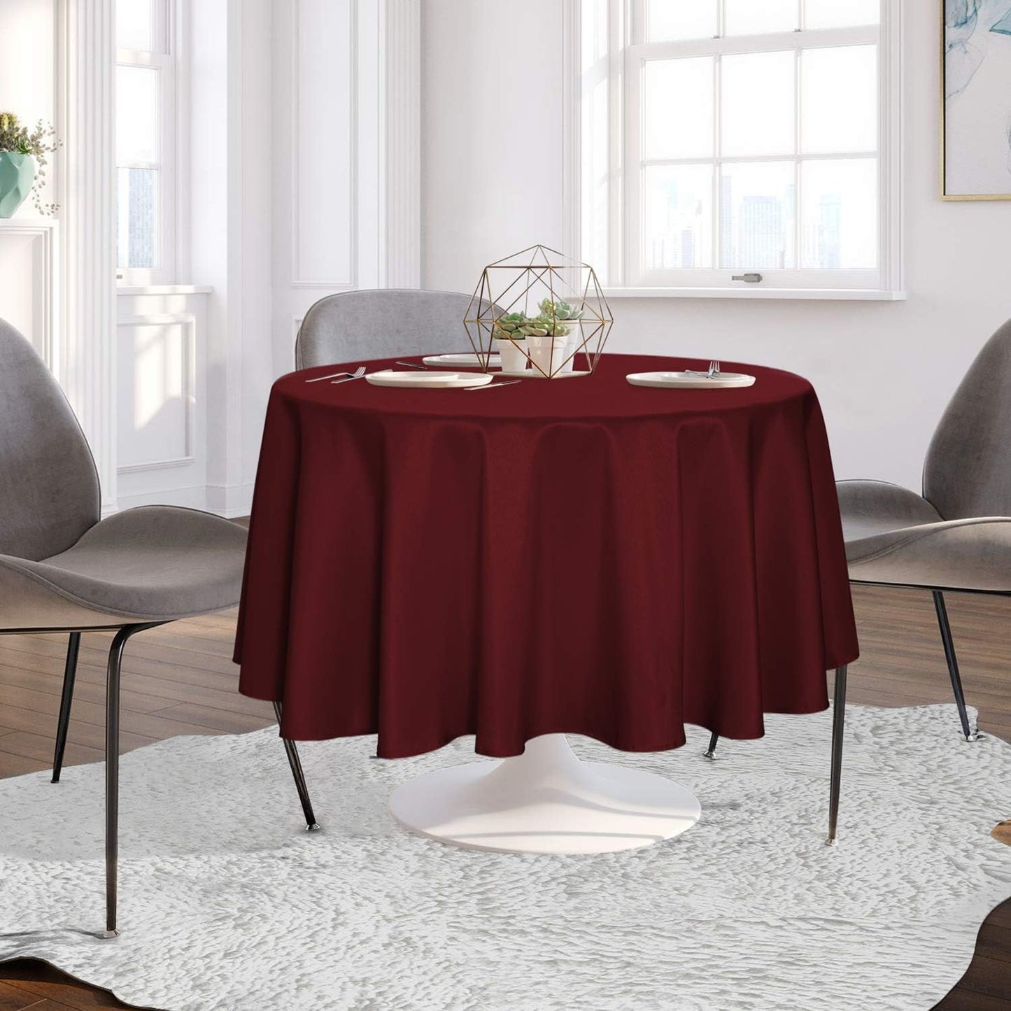 sancua Round Tablecloth - 90 Inch - Water Resistant Spill Proof Washable Polyester Table Cloth Decorative Fabric Table Cover for Dining Tables, Buffet Parties and Camping, Burgundy