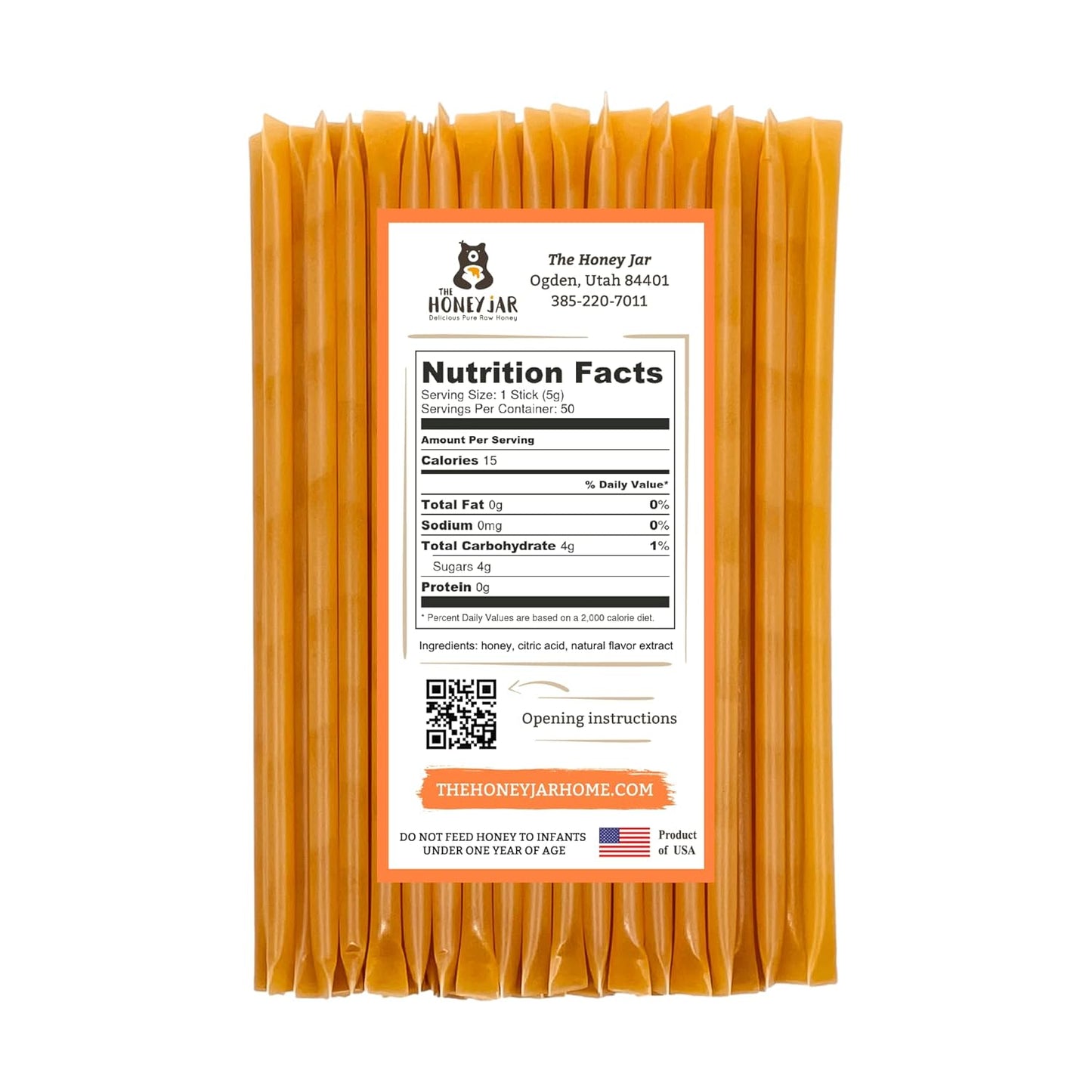 The Honey Jar Peach Flavored Honey Sticks - Pure Honey Straws For Tea, Coffee, or a Healthy Treat - One Teaspoon of Flavored Honey Per Stick - Made In The USA with Real Honey - (50 Count)