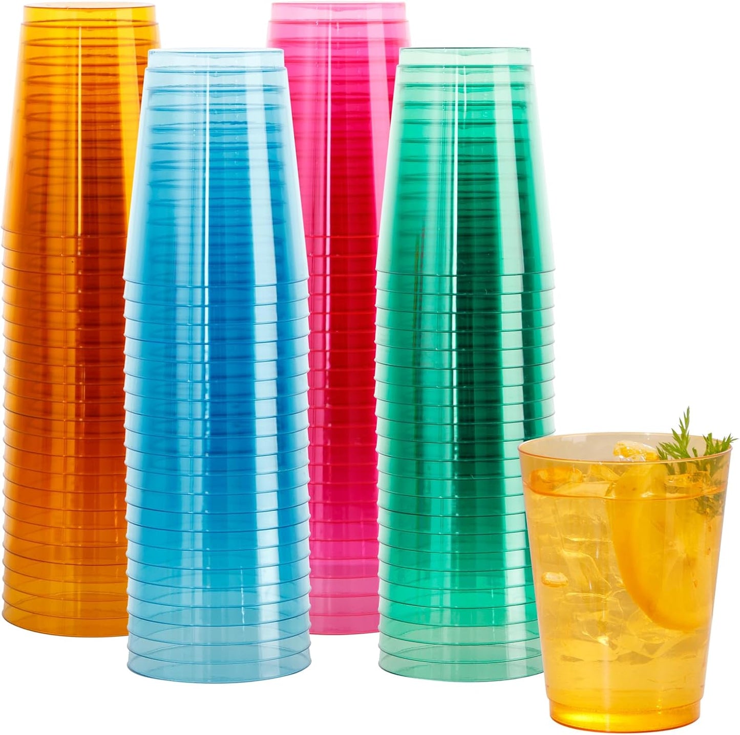DaYammi 100 Pack Colorful Plastic Cups 10 Oz Disposable Cups Neon Glowing Plastic Party Cup, Assorted Neon Colors for Wedding Wine Glasses Heavy Duty Disposable Tumblers Drinking Cocktail Glasses