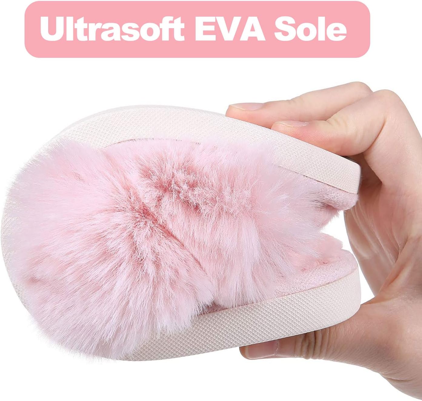 Evshine Women's Fuzzy Slippers Cross Band Memory Foam House Slippers Open Toe