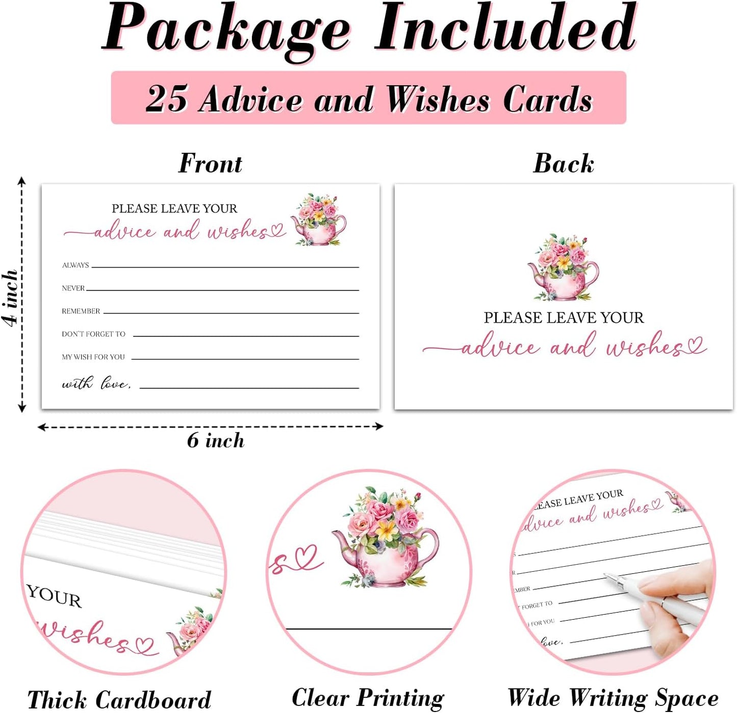 25 Advice and Wishes Cards, Floral & Teapot Fill-In Advice Cards for Bridal Shower Wedding Birthday Party Baby Shower Graduation Party, Well Wishes Card for Mr & Mrs Adults, Party Supplies -06