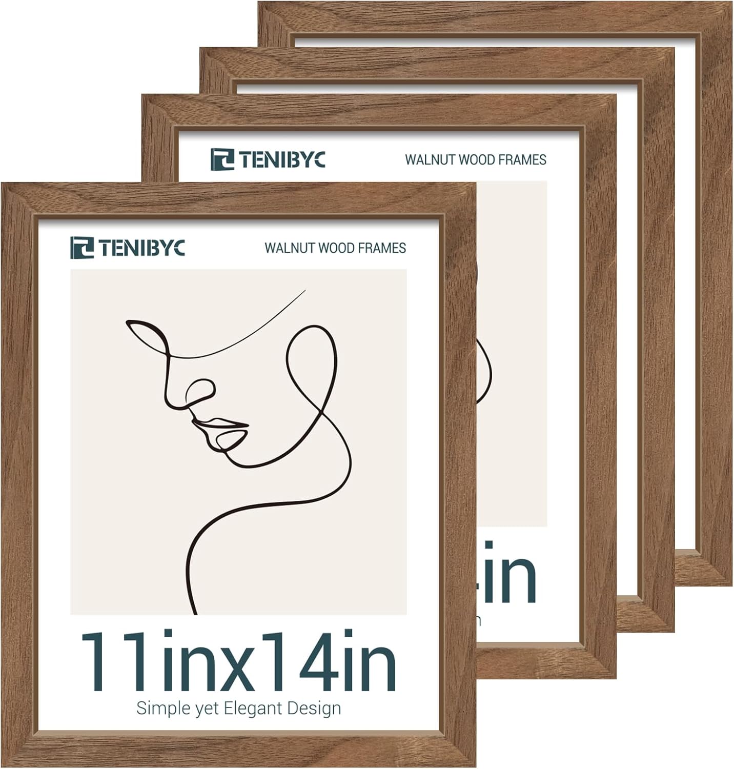 11x14 Picture Frame Walnut - 4 Pack, Brown Wood Grain Photo Frame, HD Tempered Glass, Display 11x14 or 14x11 Photos, Wall Hanging