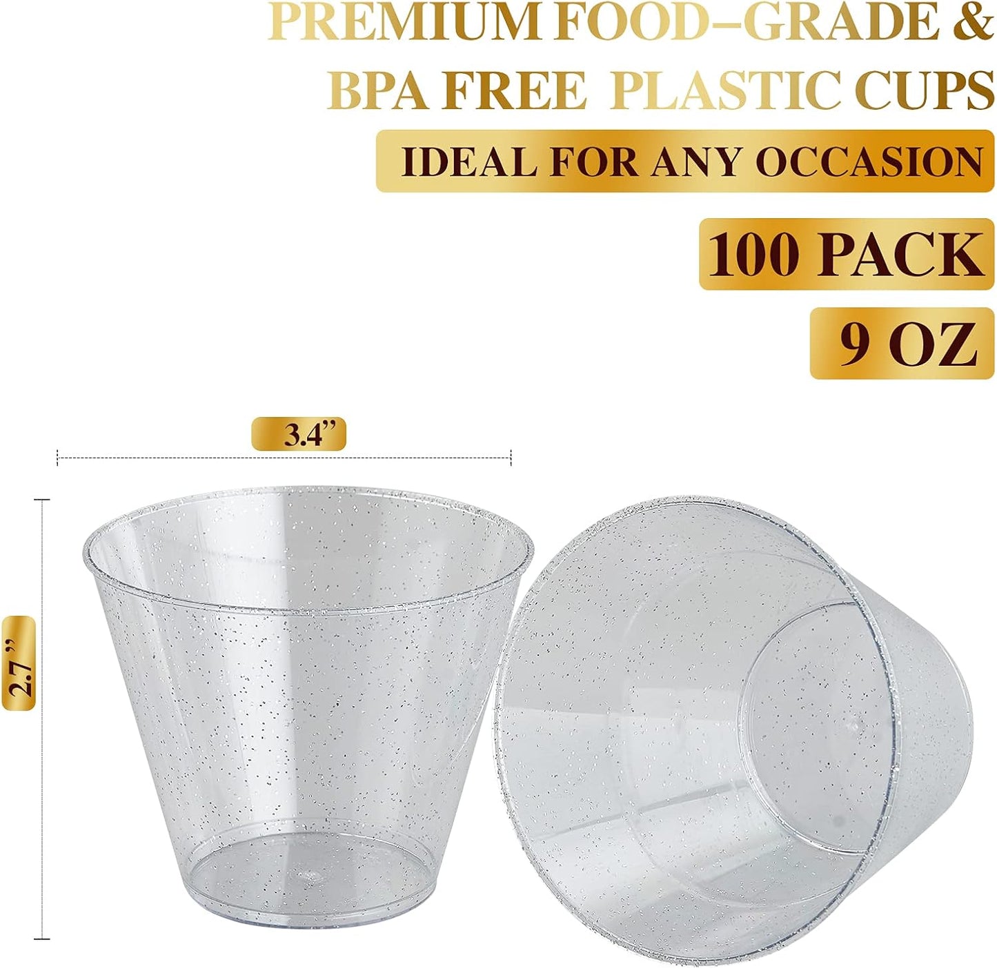 FOCUSLINE 9 oz Silver Plastic Cups, Disposable Clear Fancy Hard Plastic Cups, Silver Glitter, Heavy Duty, Reusable,100 Count