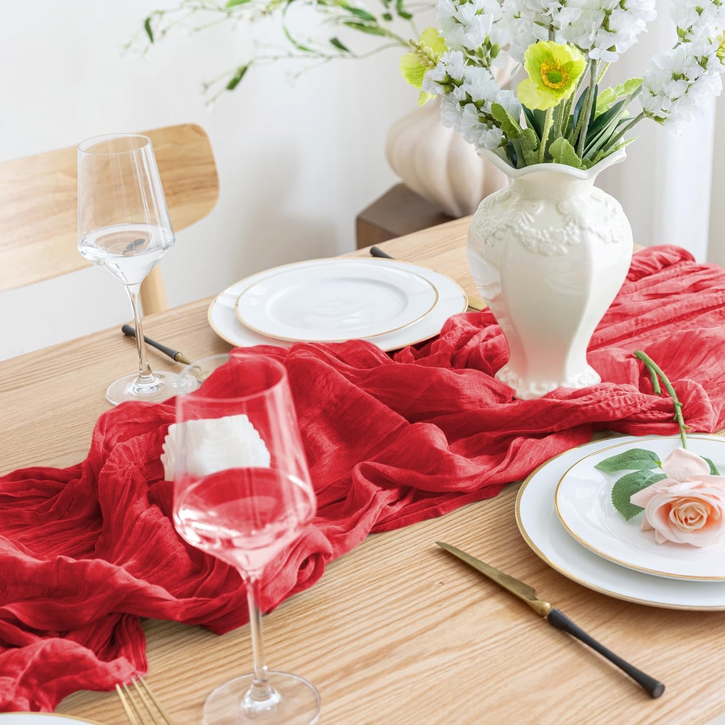 Asee'm 4PCS Fall Table Runner Cheesecloth 10FT Red Boho Gauze Fabric Rustic Sheer Cheese Cloth Runners for Thanksgiving Christmas Wedding Bridal Shower Party