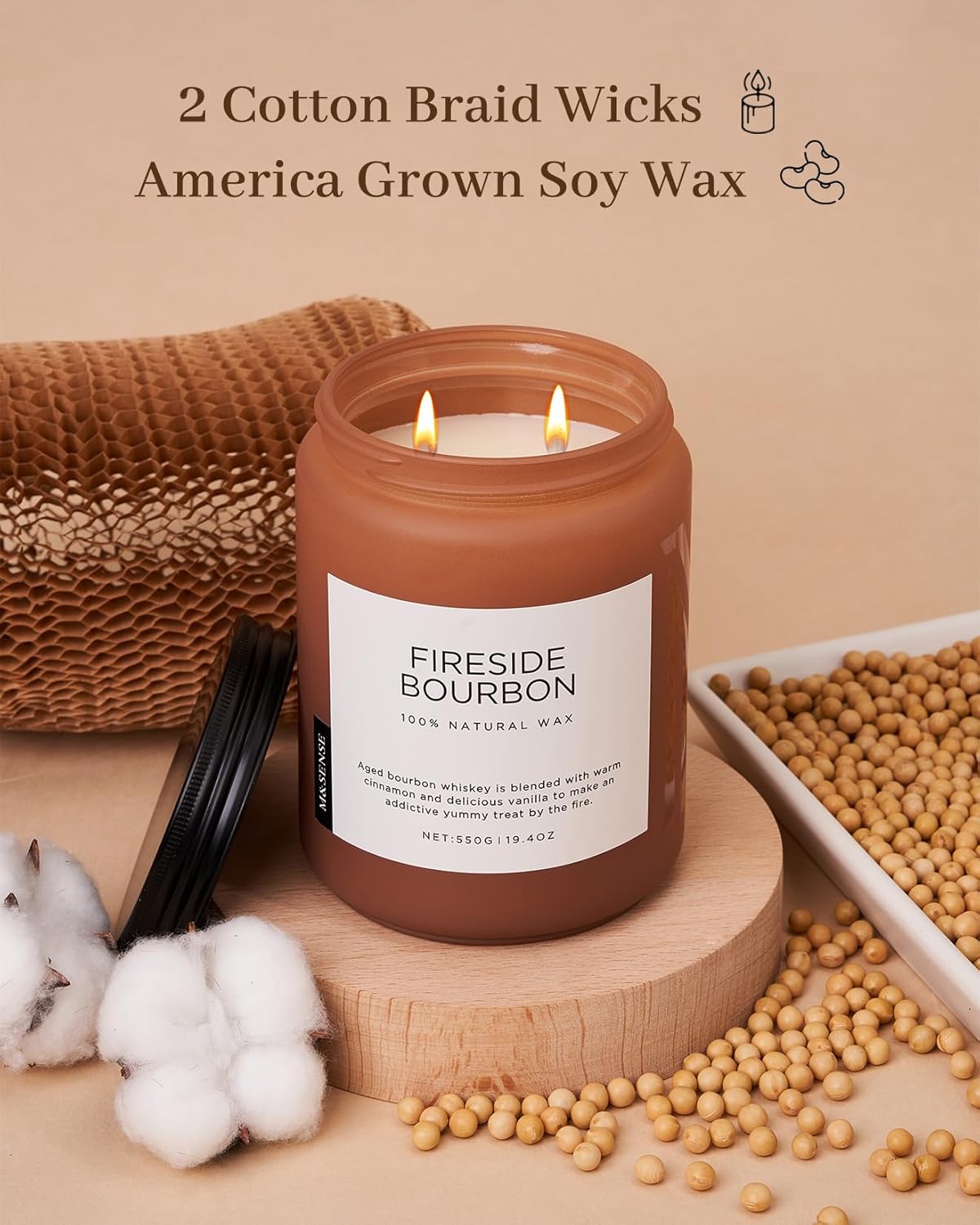 M&SENSE Fireside Bourbon Candles Strong Scented, 2 Wick Jar Candle 19.4oz 110 Hour Long Lasting, Organic Natural Soy Wax Candle for Bedroom Kitchen Home Decor, Warm Housewarming Gifts for Men Women