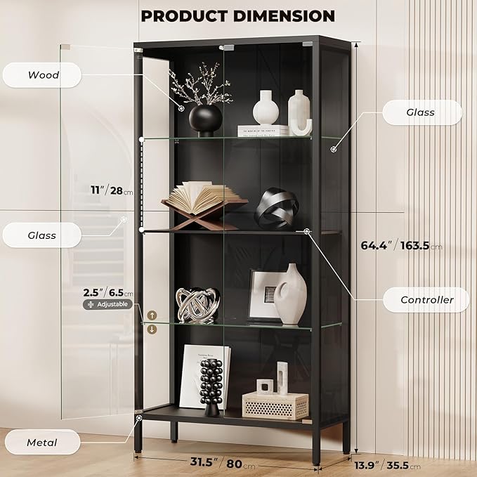 Display Cabinet with Glass Doors, 4-Tier Curio Cabinet with 3 Color Lights - Image 2