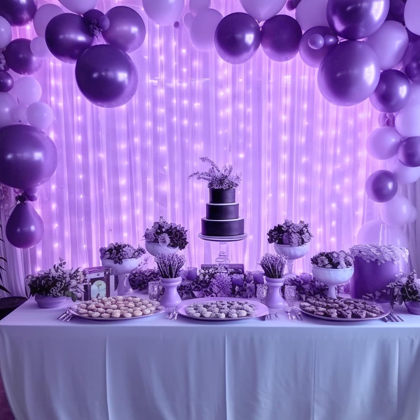 Lavender Tulle Backdrop Curtain with Lights String for Wedding Baby Shower 20×10ft Lavender Sheer Backdrop Curtain for Bridal Shower Birthday Party Photoshoot Background Decorations(4 Panels 5×10ft)