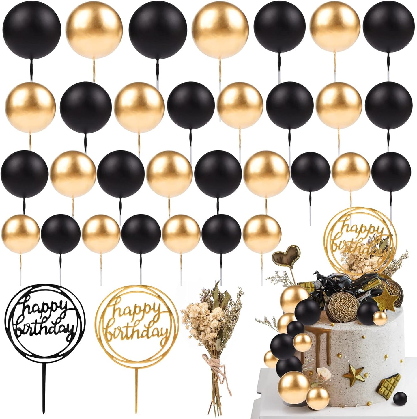 33 PCS Mini Ball Cake Topper Cupcake Insert Acrylic Cake Topper Artificial Dried Flowers Cake Decorations for Anniversary Graduation Birthday Party Baby Shower (Black, Gold)